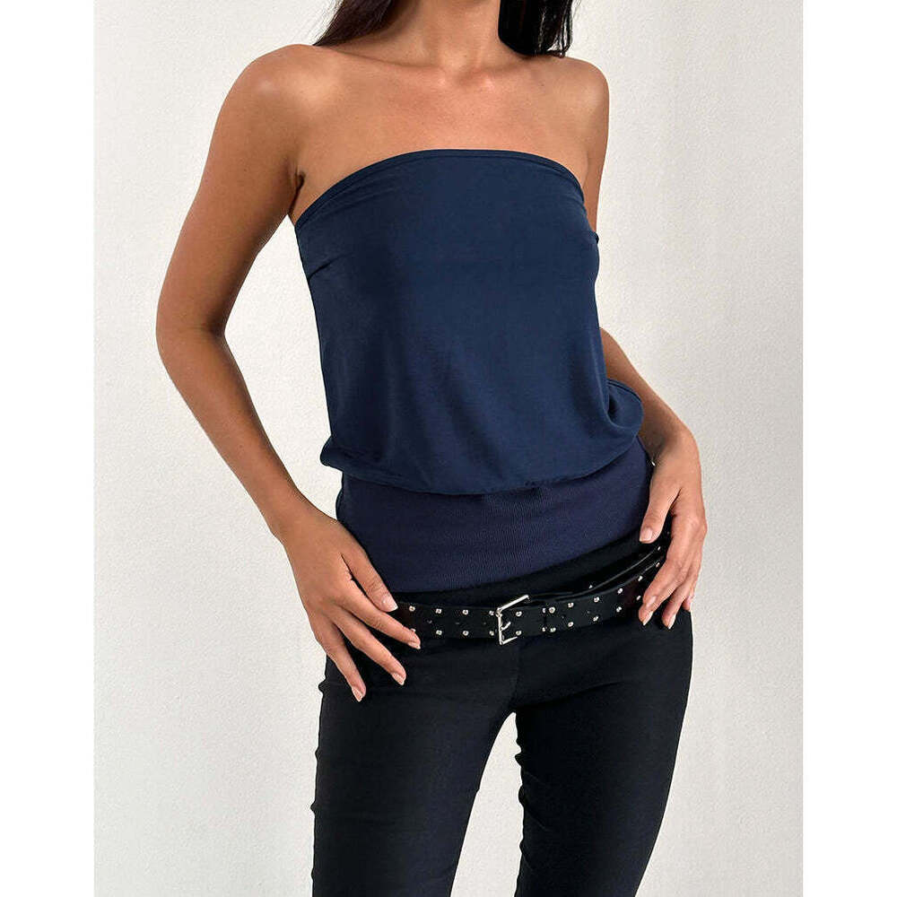 Motel Rocks Leocadia Long Bandeau Top In Cupro Navy XXS